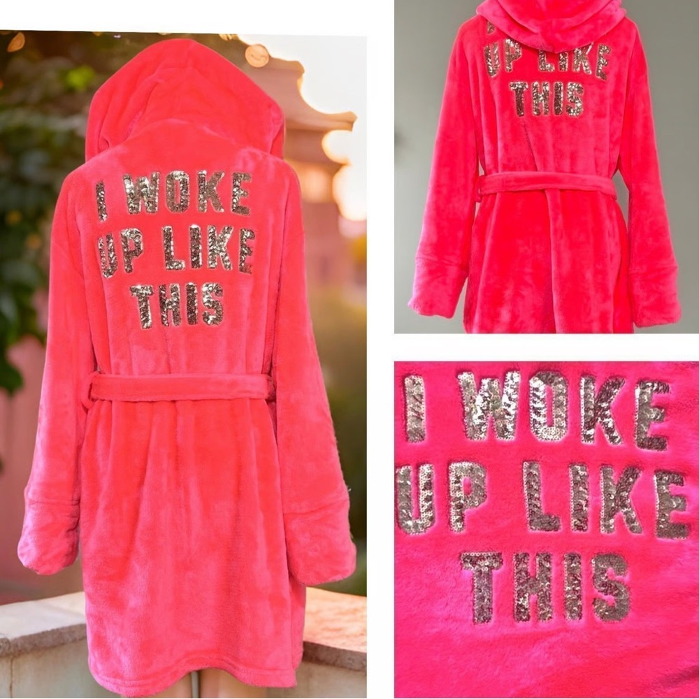 Rare Pink Victoria's Secret I Woke Up Like This Pink Robe with Sequin Text